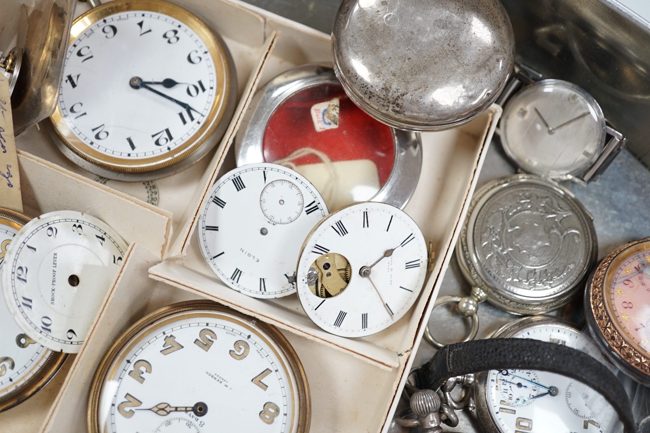 A 19th century silver pair cased pocket watch by Phillips of Ludlow, other pocket watches and movements etc, including silver, gun metal and enamel.